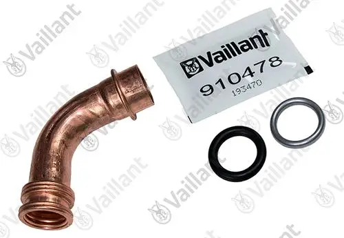 Kupferrohr mit gebogener Form, zwei Dichtungsringen in Schwarz und Silber sowie einer Verpackung mit der Marke Vaillant, die Artikelnummer enthält.